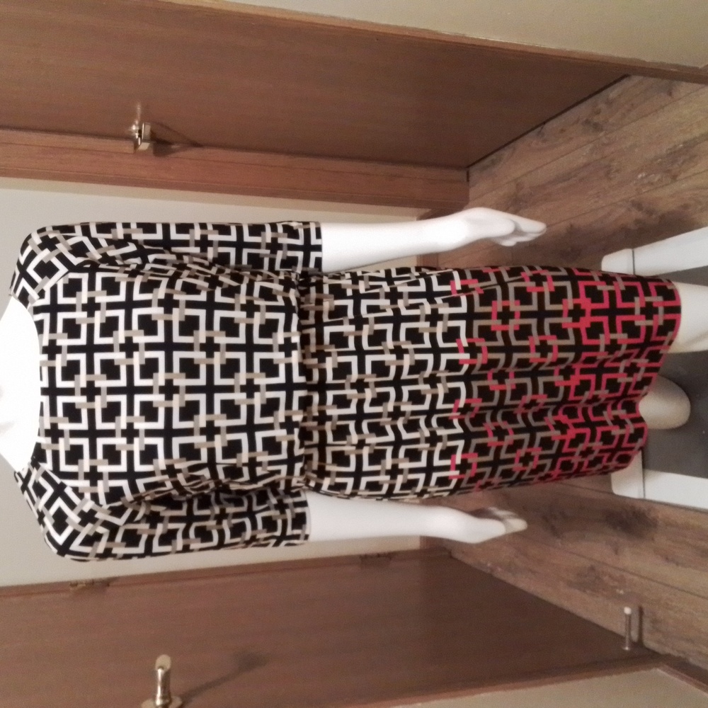 Eliza J. Dress in black,  red, tan, and cream geometric print, 10P.